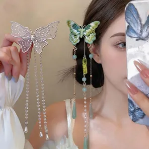 Pince à Cheveux à Gland de Broderie de Papillon de Style Nouveau Chinois pour Femmes Vintage Clip Bec de Canard Elégant Accessoires de Cheveux en Tissu et Résine