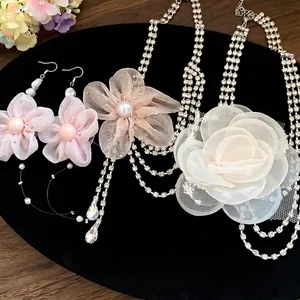 Sweet Chiffon Flower Water Drop Tassel Necklace Alloy Rhinestone Artificial Pearl Floral Dangle Earrings For Women Elegant Fashion Neck Jewelry