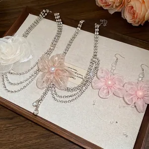 Sweet pink chiffon flower rhinestone necklace set with elegant waterdrop tassels