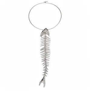 Avant-garde silver fishbone pendant necklace on a minimalist circular metal choker