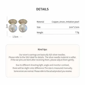 Detailed specs of French zircon pearl clip-on earrings, 2cm size with 925 silver needle