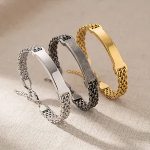 Drei elegante Edelstahl-ID-Armbänder mit Mesh-Ketten in Gold, Silber und Schwarz.