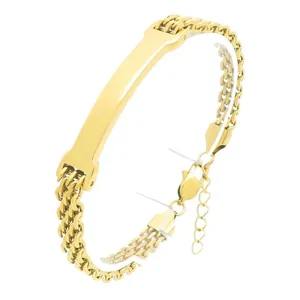 Elegant gold stainless steel ID bracelet featuring an engravable curved plate and mesh chain