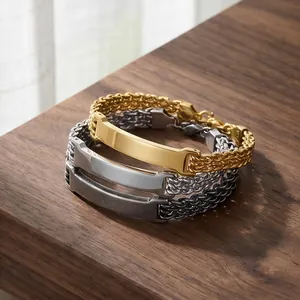 Macro view of three-color mesh bracelets featuring engravable curved metal plates.