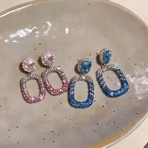 Sparkling crystal hollow pendant drop earrings in pink and blue jewelry for elegant women