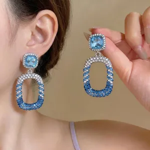 Elegant blue square crystal hollow drop earrings with sparkling gradient stone embellishments