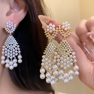 Vintage French Court Style Zirconia Artificial Pearl Rhombus Pendant Earrings With Silver Earring Post For Women Luxury Jewelry
