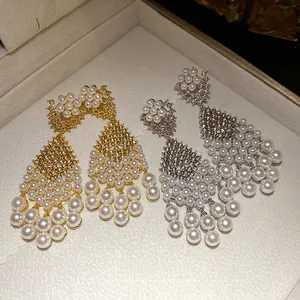 Elegant French retro drop earrings with zircons and pearls in gold and silver finishes