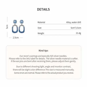 Detail view of blue rhinestone drop earrings with precise dimensions and material specs.