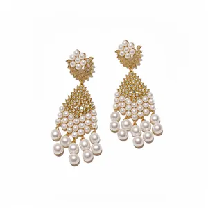 Elegant French palace style pearl and zircon drop earrings with gold finish