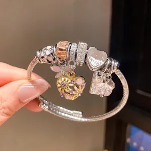 Retro Palast-Stil Strass Emaille Libelle Herz Anhänger Armband Silberfarben Rosa Tropföl Charme Armreif Für Damen Mode Schmuck