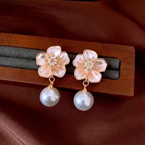 French Vintage Palace Style Enamel Flower Drop Earrings With Artificial Pearl Zirconia Copper Silver Earring Post For Women Jewelry