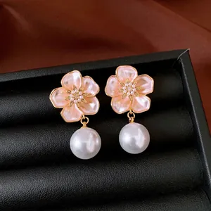 Vintage French style pink enamel flower earrings with large pearl drop accents