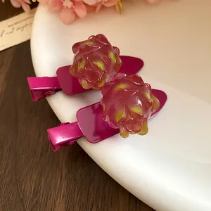 Vue détaillée des pinces à cheveux fruit du dragon en résine sur une assiette blanche.