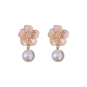 Elegant S925 silver needle pearl and enamel flower drop earrings in French vintage style