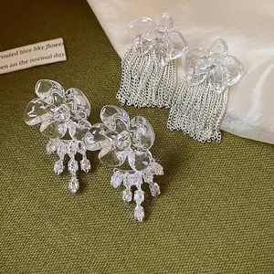 Resin Flower Tassel Stud Earrings With 925 Sterling Silver Post Inlaid Zirconia Elegant Lightweight Jewelry For Women Party
