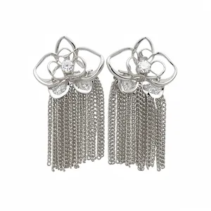 Elegant silver flower tassel stud earrings with sparkling cubic zirconia for women