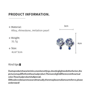 Floral pearl rhinestone stud earrings size and material specifications overview sheet