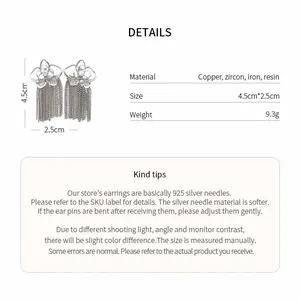 Silver pin flower tassel earrings with zircon and resin product detail specifications