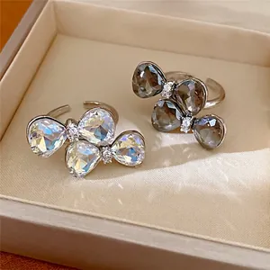 Elegant bowknot open ring with iridescent and smoky crystals for women's fashion