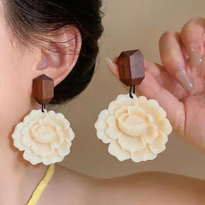 Korean Style Vintage Flower Stud Earrings Resin Geometric Wood Handcrafted Earrings With 925 Sterling Silver Earring Post For Women