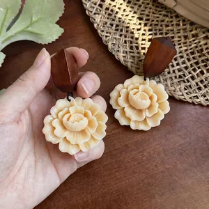 Handmade wood and resin peony flower stud earrings with S925 silver needle in vintage style