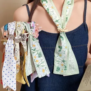 Summer floral print cloth neckerchief necklace scarf with flower buckle charm decoration
