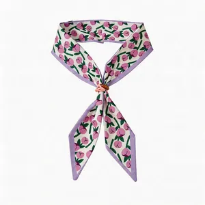 Elegant floral print fabric skinny scarf with a pink wooden flower decorative ring