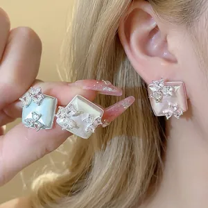 Geometric Flower Stud Earrings With 925 Sterling Silver Earring Post Elegant Zirconia Copper Earrings For Women Fashion Jewelry