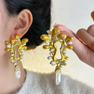 Orecchini a Bottone Vintage Francesi Smalto Oro Goccia Buco della Serratura Con Perno in Argento Strass Eleganti Gioielli Barocchi Donna