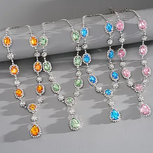 Vintage palace style rhinestone necklace set with colorful crystal teardrop pendants