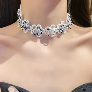 Elegant white lace flower choker necklace with black and white glass beads