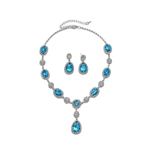 Vintage crystal teardrop necklace and earrings jewelry set for women with blue stones