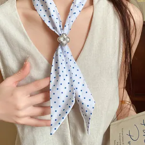 Elegant white polka dot silk scarf with silver flower buckle decorative necklace for women
