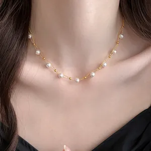 French Light Luxury Artificial Pearl Beaded Necklace For Women Brass Gold Plated Zirconia Geometric Clavicle Chain Jewelry