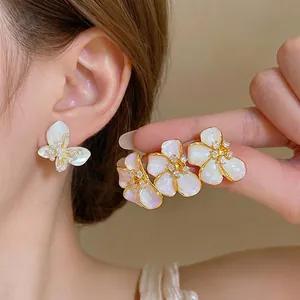 French Luxury Pearl Flower Stud Earrings For Women Copper 925 Sterling Silver Earring Post Rhinestone Drip Oil Jewelry