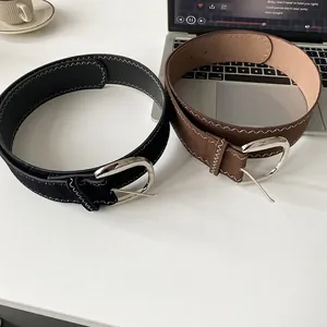 Vintage Korean style minimalist leather wide belts with white zig-zag stitching and D-buckles