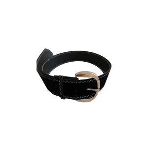 Stylish black leather belt for women with white zigzag stitching and silver buckle