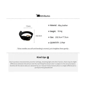 Product detail showing belt attributes material alloy and leather with size information