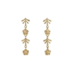 Eleganti orecchini pendenti vintage dorati con fiori e punti luce