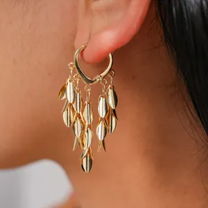 Vintage Metal Wheat Ear Leaf Tassel Hoop Earrings For Women Gold Silver Plated Copper Dangle Earrings With Silver Earring Post
