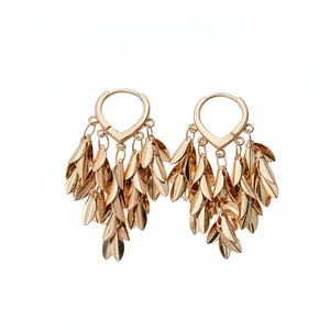 Elegant gold metal leaf tassel earrings with wheat ear design for women