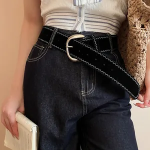 Retro black leather belt with white zigzag stitching and silver buckle for women