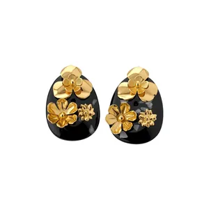 Vintage style resin flower stud earrings with elegant gold floral accents for women