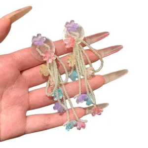 Chic colorful flower tassel drop earrings with white pearls for elegant vacation style