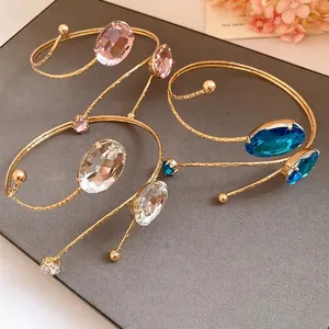 Western Style Metal Rhinestone Oval Arm Cuff Bracelet Gold Color Fashion Simple Spiral Hand Jewelry For Women Party Wedding