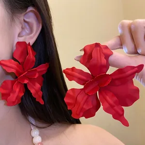 Vibrant matte red flower stud earrings with steel pins for vacation fashion