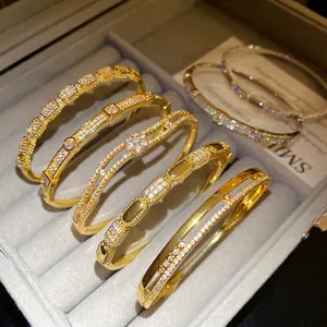 Elegant 18K gold plated double-layer bangle set with sparkling cubic zirconia stones