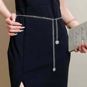 Women Vintage Silver Metal Waist Chain Simple Fashion Hollow Round Pendant Thin Belt For Dress Pants Decorative Accessory