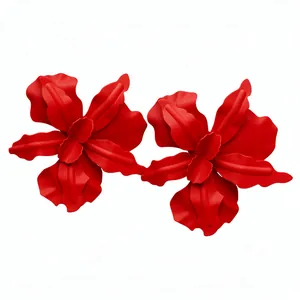 Vibrant red orchid flower stud earrings with a matte spray finish on white background